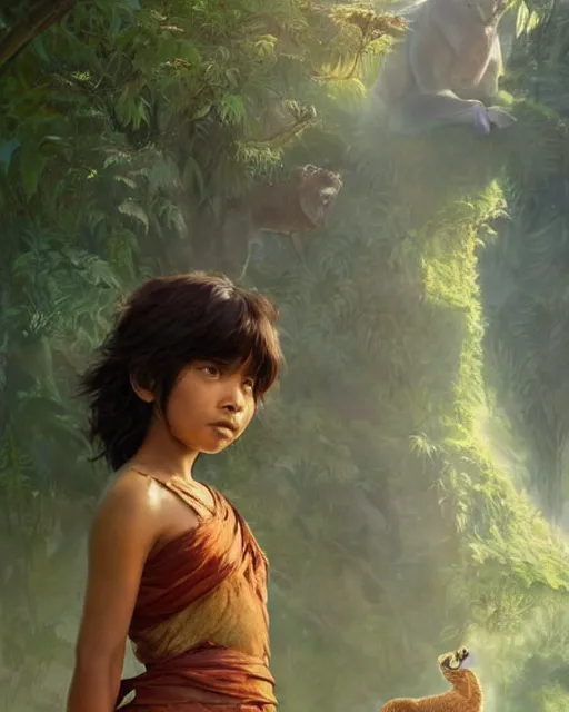 Image similar to still from the jungle book if made by krenz cushart and wenjun lin, portrait, illustration, rim light, top light, summer clear blue sky, perfectly shaded, soft painting, epic, intricate, art