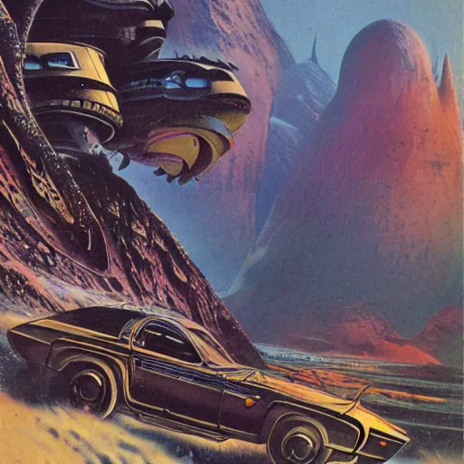 Image similar to infernal motorbiker, vintage sci - fi art, by bruce pennington