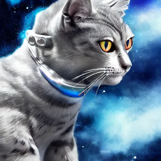 Prompt: epic scale space kitty, eyes like galaxies, flying through space, wearing a space suit and space helmet, soaring through the stars, ultra detailed, 4 k, 8 k, digital illustration
