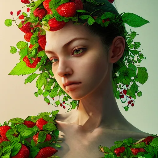 Image similar to the portrait of an absurdly beautiful, graceful, elegant, young woman made of strawberries and green petals shy, an ultrafine hyperdetailed illustration by kim jung gi, irakli nadar, intricate linework, bright colors, octopath traveler, final fantasy, angular, unreal engine 5 highly rendered, global illumination, radiant light, detailed and intricate environment