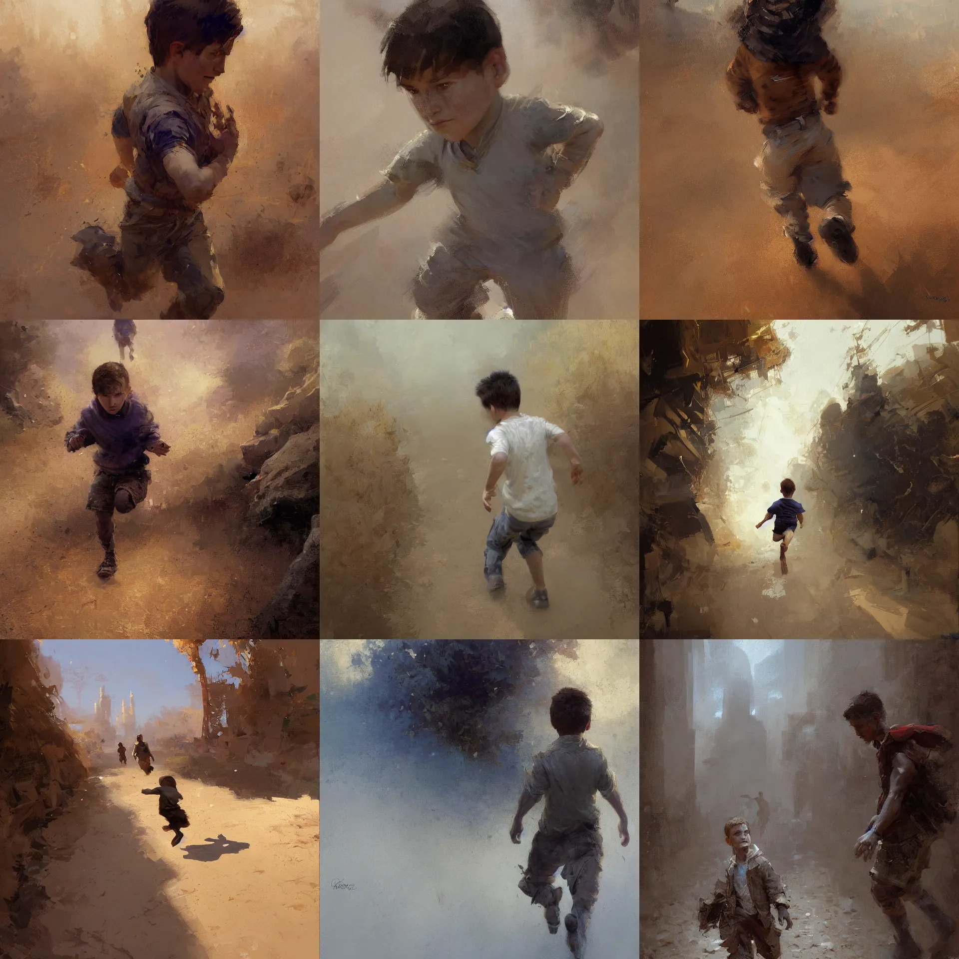 Prompt: digital art painting of a young boy looking backwards while running painted by craig mullins and gaston bussiere and greg rutkowski, symmetrical facial features, symmetrical face, defined facial features, dramatic lighting, close up
