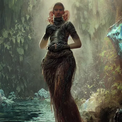 Prompt: a full body portrait of a beautiful teen post apocalyptic offworld neoicelandic biofarmer swimming by the waterfalls, intricate, elegant, highly detailed, digital painting, artstation, concept art, smooth, sharp focus, illustration, art by krenz cushart and artem demura and alphonse mucha