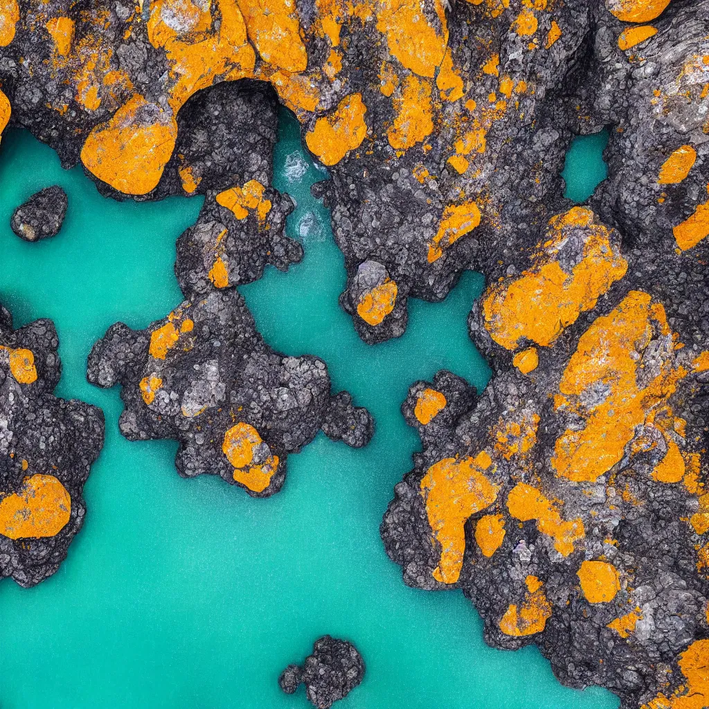Prompt: golden boulders, black volcanic rock with colorful pools of bright milky paint, birds eye view