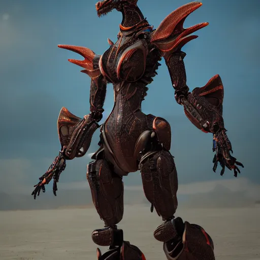 Prompt: a highly detailed beautiful anthropomorphic robot female dragon with smooth and streamlined armor, doing an elegant pose on the beach, artstation, DeviantArt, professional, octane render
