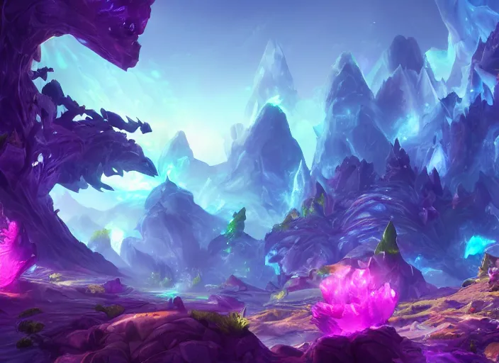 Image similar to landscape portrait of mysterious crystal biome with glowwave dragons from league of legends, au naturel, hyper detailed, digital art, trending in artstation, cinematic lighting, studio quality, smooth render, unreal engine 5 rendered, octane rendered, art style by pixar dreamworks warner bros disney riot games and overwatch.