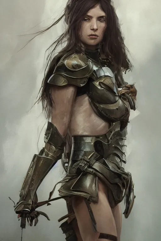 Image similar to a photorealistic painting of an attractive young girl, partially clothed in battle armor, olive skin, long dark hair, beautiful bone structure, symmetrical face, perfect eyes, intricate, elegant, digital painting, concept art, illustration, sharp focus, minimal artifacts, from Metal Gear, in the style of Ruan Jia and Mandy Jurgens, by Greg Rutkowski, trending on Artstation, award winning