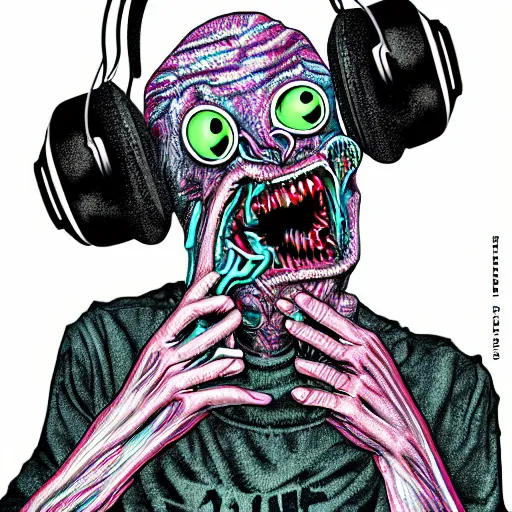 Prompt: artgerm, psychedelic laughing cronenberg horror creature, from a b - grade horror film, rocking out, headphones dj rave, digital artwork, r. crumb, svg vector