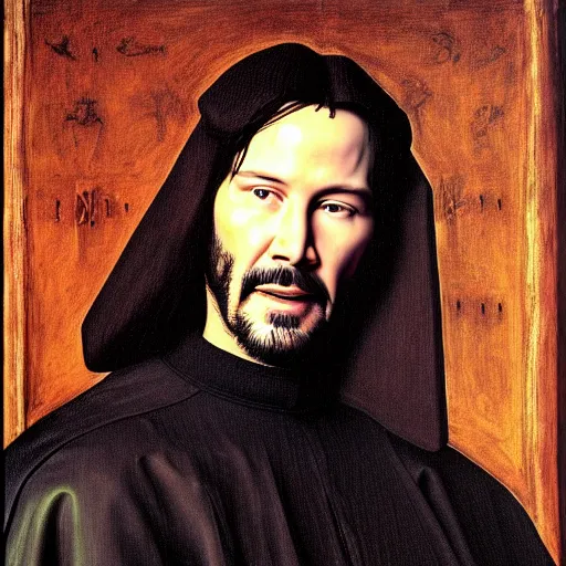 Image similar to portrait of keanu reeves, oil painting by jan van eyck, northern renaissance art, oil on canvas, wet - on - wet technique, realistic, expressive emotions, intricate textures, illusionistic detail