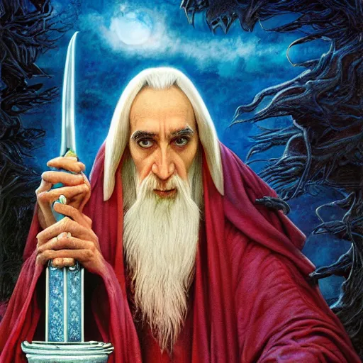 Prompt: majestic Saruman the wise wizard by Mark Brooks, Donato Giancola, Victor Nizovtsev, Scarlett Hooft, Graafland, Chris Moore