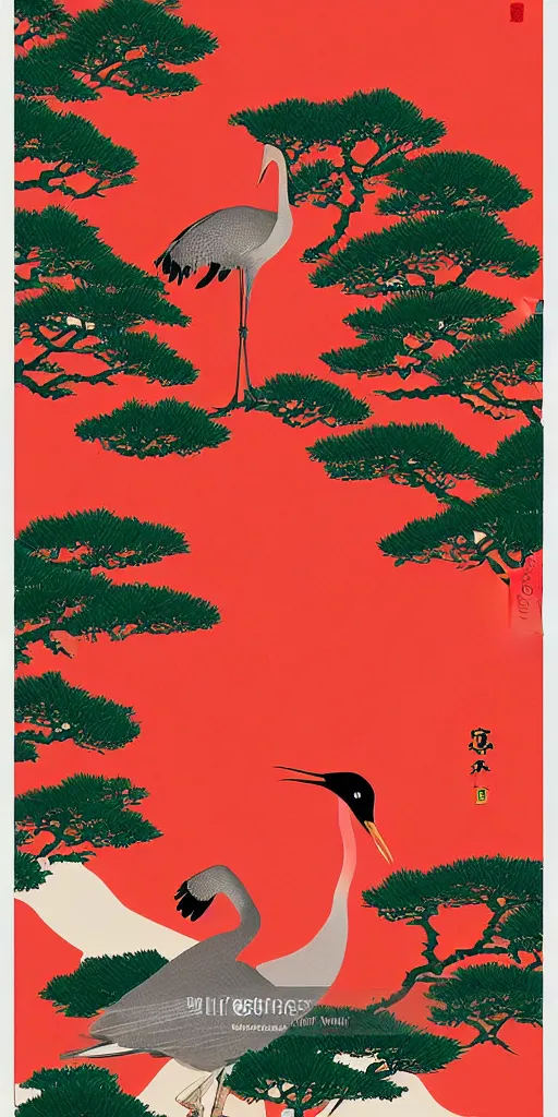 Prompt: hanafuda card for january 20 points, a portrait of japanese crane is next to a forest of japanese pines, by range murata, a big red sun in the background, front game card, vector line art, trending on behance, concept art, stunning, matte