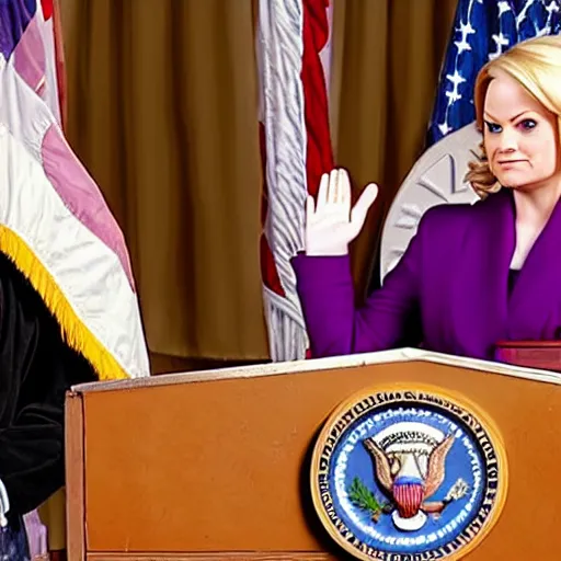 Prompt: high resolution archival photo of Leslie Knope taking the oath of office as president of the united states