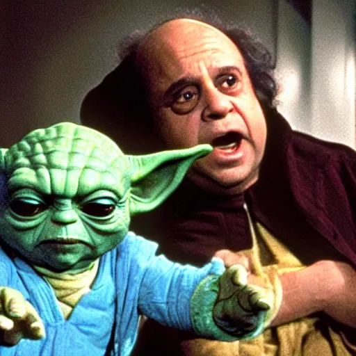 Image similar to danny devito plays yoda, scene from empire strikes back