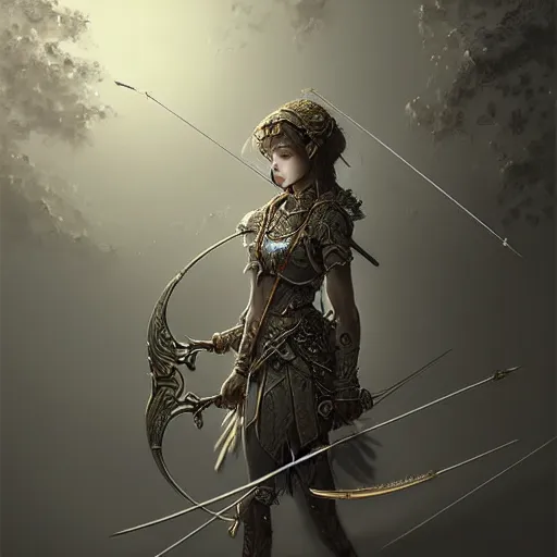 Image similar to beautiful extremely detailed intricate concept art depicting an archer by wlop. shining jewelry. grey atmosphere. particles in the background. bcy. net