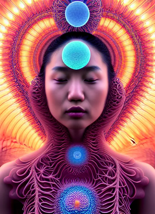 Image similar to ridiculously beautiful young asian woman tripping by irakli nadar, 3 d layers of coral and light fractals radiating behind with sacred geometry, cosmic, natural, awakening, symmetrical, in the style of ernst haeckel and alex grey, effervescent, warm, photo realistic, epic and cinematic