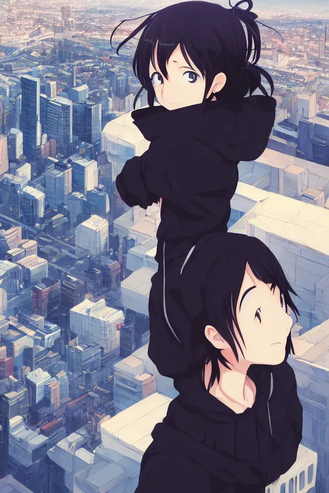 Image similar to anime visual, portrait of a young black haired girl wearing hoodie sightseeing above the city, guardrail, cute face by yoh yoshinari, katsura masakazu, dramatic lighting, dynamic pose, dynamic perspective, strong silhouette, ilya kuvshinov, anime cels, rounded eyes, moody