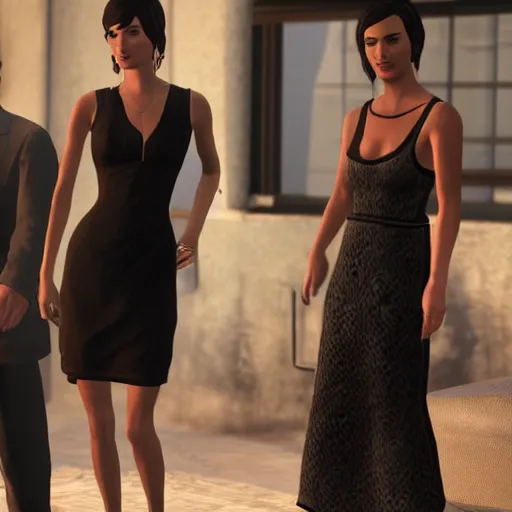 Prompt: Camilla Belle wearing a black dress in GTA 5.