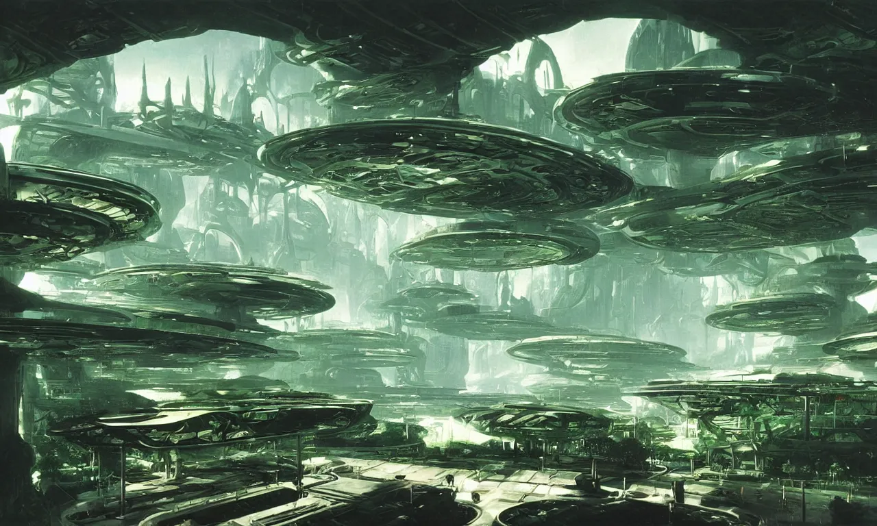 Image similar to beautiful matte painting of green gardens on a futuristic sci-fi space station, cinematic angle, cinematic lighting, by Syd Mead, John Harris, Federico Pelat