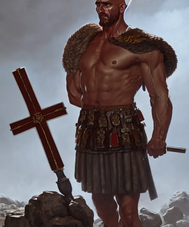 Prompt: muscular roman soldier with a white cross in the chest by simon bisley, dale keown and greg rutkowski, vivid color scheme, unreal engine 5