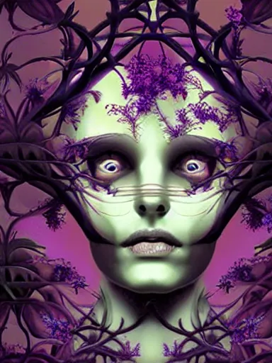 Prompt: The Hanging-Gardens of Pareidolia, lobelia, ivy, verbena and pothos growing facial features and optical-illusions!!!!!, aesthetic!!!!!, by Chris Tulloch McCabe in the style of Gerald Brom,