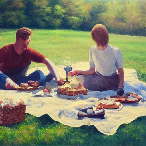 Image similar to a picnic with no people, oil painting, pale colors, high detail, 8 k, wide angle, trending on artstation,