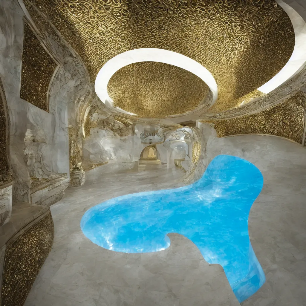 Image similar to an incredibly smooth curvilinear neo baroque pool interior architectural sculpture, a golden pool on the ground is envelope by folding white surfaces, blue light showing a garden, visually satisfying architecture render