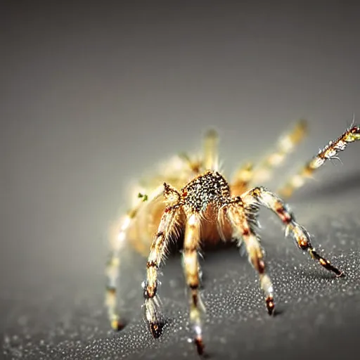Prompt: a micro photo of spider with tiny crystal glow all over his legs, amazing lighting, hyper realistic