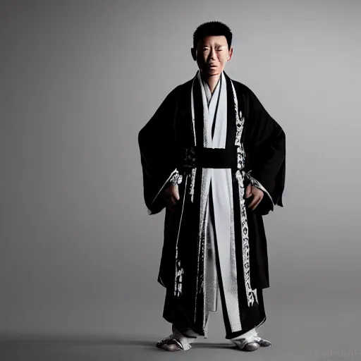 Image similar to portrait painting of a 2 5 - year - old chinese man, taoist priest, dressed in black and white taoist robe, like andy lau, immortal bone, affable ， wenjun lin, unreal engine 5 highly rendered, global illumination, radiant light, detailed and intricate environment