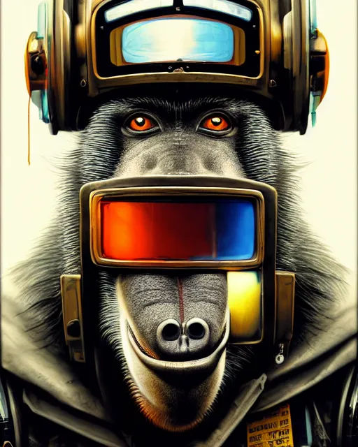 Image similar to a portrait of an anthropomorphic cyberpunk baboon in a crash helmet by sandra chevrier, detailed render, tape deck, epic composition, cybernetics, 4 k realistic, cryengine, realistic shaded lighting, sharp focus, masterpiece, by matteo scalera, gary montalbano, peter elson in the style of the tokyo ghost comic