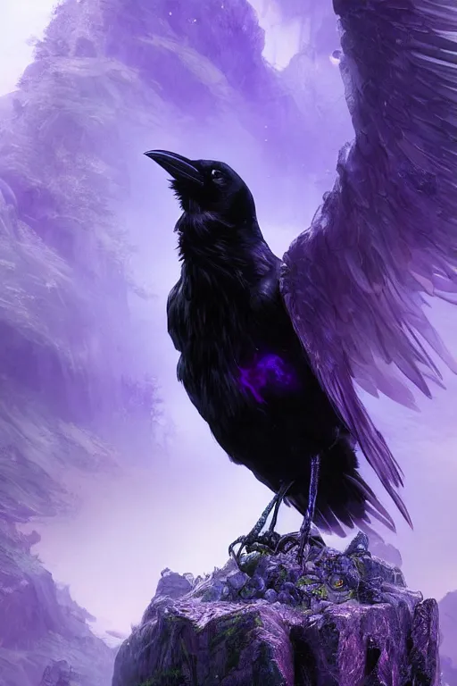 Prompt: portrait of a beautiful one raven perched on purple crystals that are glowing in a misty valley, establishing shot, extremly high detail, foto realistic, cinematic lighting, by yoshitaka amano, ruan jia, kentaro miura, artgerm, post processed, concept art, artstation, raphael lacoste, alex ross