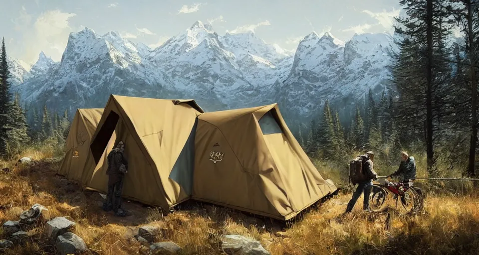 Image similar to cabela's beautiful comfortable carbon framed, military grade, modular insulated wall portable container home kit - house all weather family dwelling tent house, person in foreground, mountainous forested wilderness open fields, beautiful views, painterly concept art, environmental concept art, concept art illustration, by james gurney, by craig mullins, by greg rutkowski trending on artstation