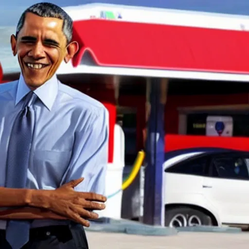 Prompt: barack obama, standing by a gas station, fresh fade haircut