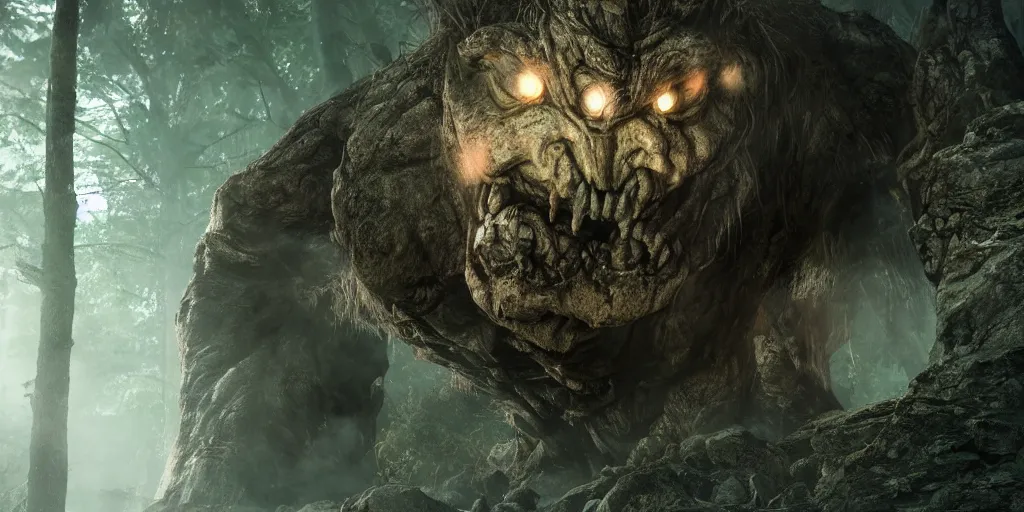 Prompt: a giant armored cave troll in a scary forest in the style of lord of the rings, 8 k, moody lighting, shallow depth of field, raytracing,