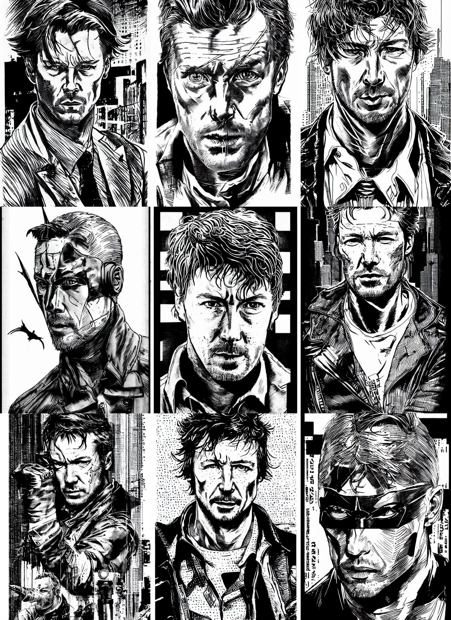 Prompt: aiden gillen as cia from tdkr, portrait, cyberpunk 2 0 2 0 manual, by steampoweredmikej, by tim bradstreet, inktober, ink drawing, black and white, coloring pages, manga, highly detailed