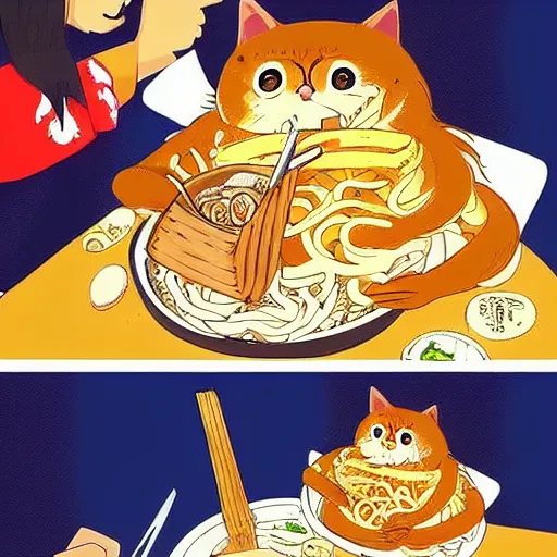 Image similar to fat cat eating ramen noodles on toast, japanese art artstation trending