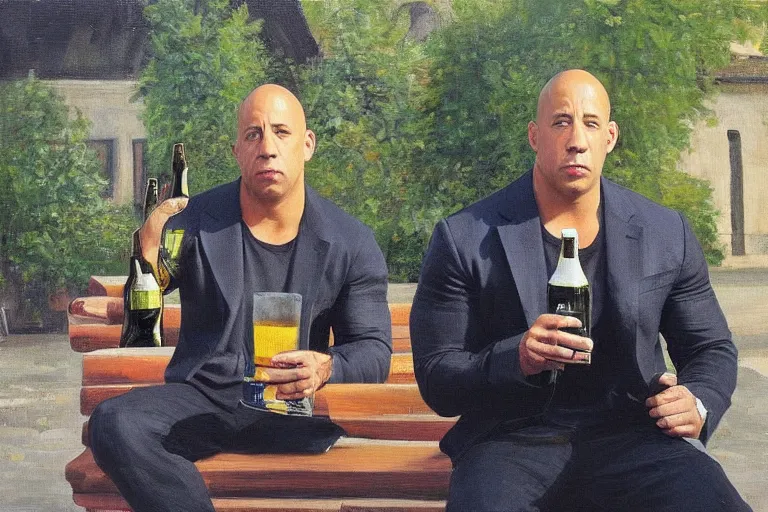 Prompt: vin diesel in an q black adidas suite sits on a bench with a bottle of beer in the courtyard of a provincial russian town, oil on canvas, naturalism