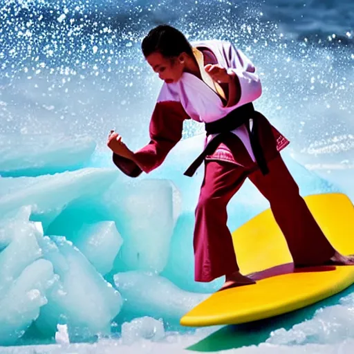 Image similar to a karate person in a karate outfit surfing on ice cream waves