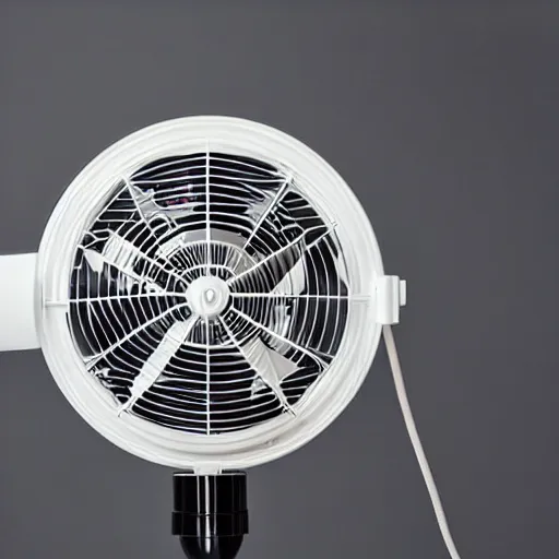 Prompt: desk fan with a funnel attached to the back leading to the top of the room, professional photography, studio lighting