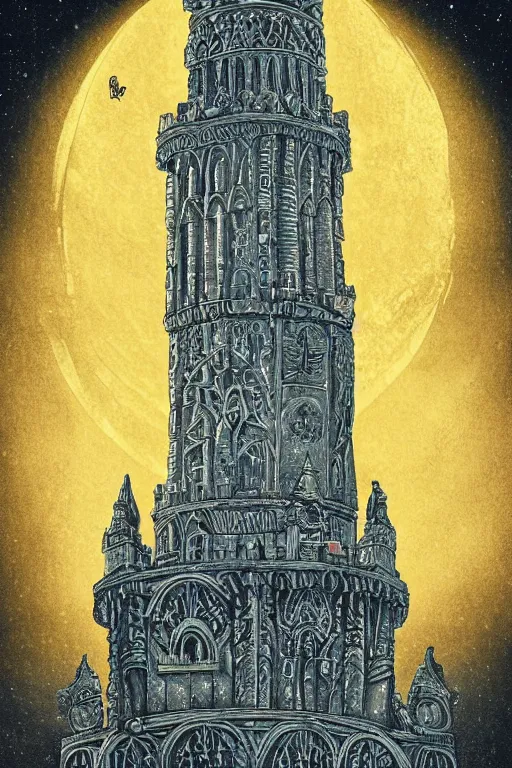 Image similar to ancient silver tower of the moon, fairytale illustration, elaborate carved wood balconies, tall windows, formal gardens, dramatic cinematic lighting, beautiful moths, soft colors, golden age illustration