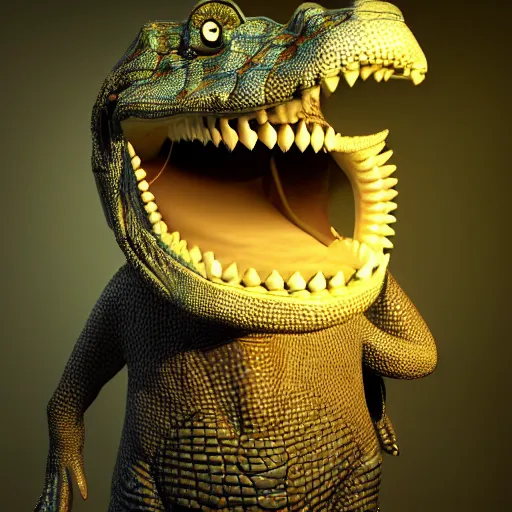 Prompt: anthropomorphic alligator wearing a vest, cinematic lighting, digital art
