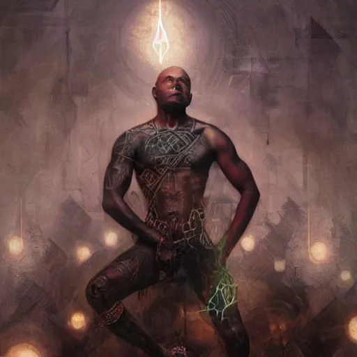 Image similar to A portrait of a dark skinned monk covered in runic tattoos, he is surrounded by glowing floating magical runes, digital art by Ruan Jia