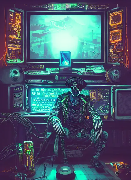 Image similar to a cyberpunk hacker pirate captain skeleton with a pirate hat sitting in front of a huge old crt monitor in a dark room, highly detailed, intricate, digital art, trending on artstation, trending on cgsociety