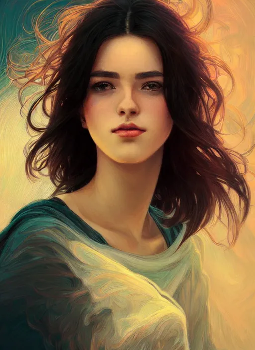 Prompt: handsome young women with shoulder length black hair, half body shot, path traced, highly detailed, high quality, digital painting, alena aenami, lilia alvarado, shinji aramaki, karol bak, alphonse mucha, tom bagshaw, hd, 8 k