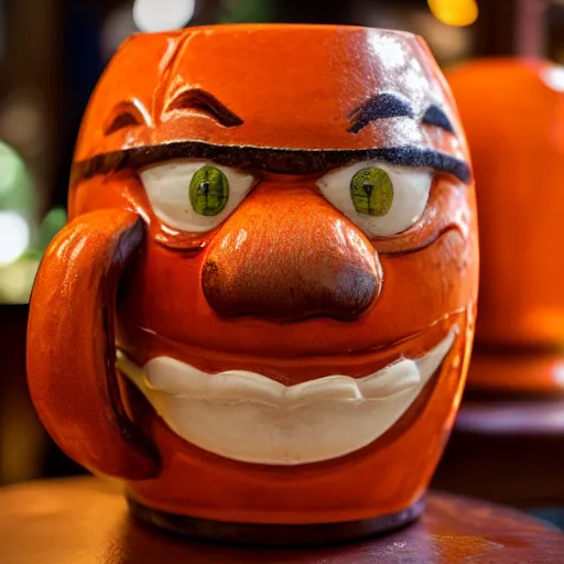 Image similar to a closeup photorealistic photograph of an orange cat garfield style tiki mug at a trader vic's bar with garfield's face on the front. tiki party. bright scene. fine detail. this 4 k hd image is trending on artstation, featured on behance, well - rendered, extra crisp, features intricate detail, epic composition and the style of unreal engine.