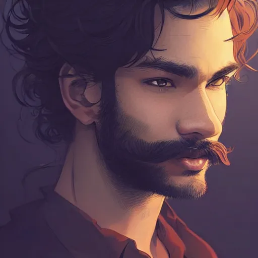 Image similar to Portrait of man with Tousled Curls type hair and Brown Indonesian-type skin, with round face and small mustache, atmospheric lighting, intricate detail, cgsociety, ambient light, dynamic lighting, anime style by Yusuke Kozaki