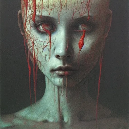 Image similar to beksinski, zdzisław - her eyes wide, oil on canvas