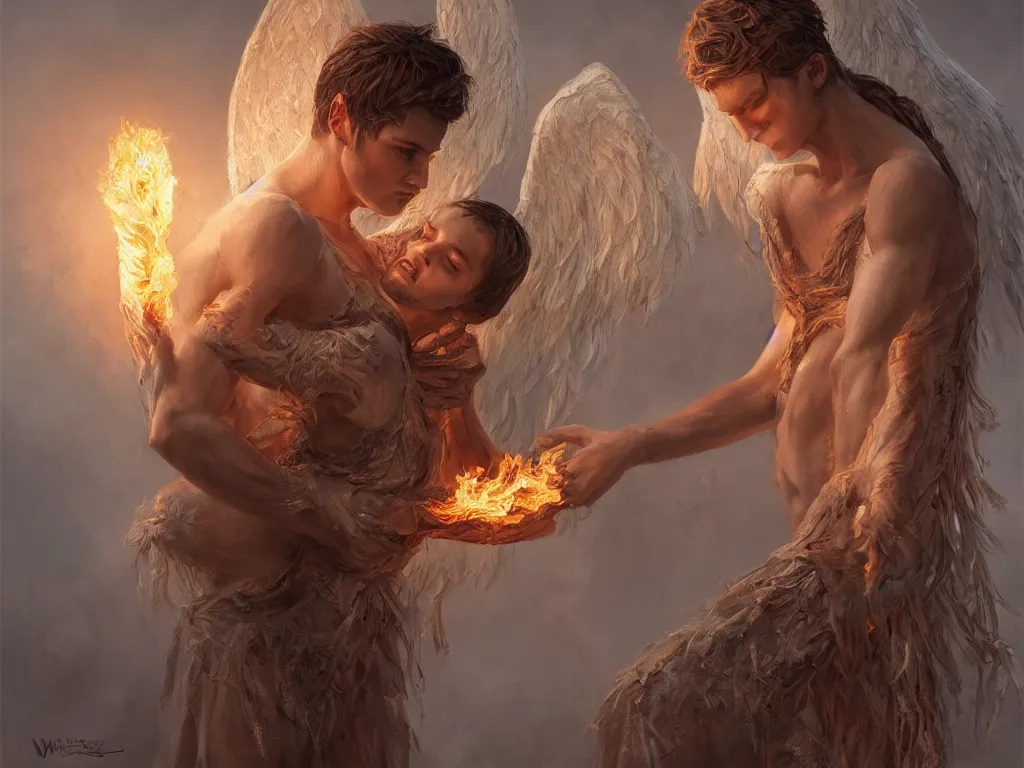 Image similar to angel holding a burning man in his arms, fantasy art, award winning, fantasy magic, intricate, elegant, sharp focus, cinematic lighting, highly detailed, digital painting, concept art, art by wlop and artgerm, masterpiece, trending on artstation, 8 k