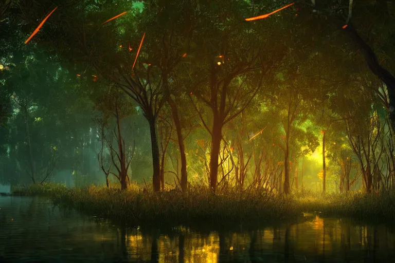 Image similar to a peaceful mangrove tree swamp at night with glowing fireflies, landscape painting, romanticism style, volumetric lighting, unreal engine, cinematic, trending on artstation