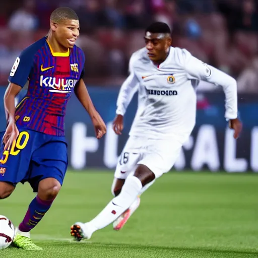 Image similar to Kylian Mbappé playing for FC Barcelona very detailed cinematic hyperrealistic 4k