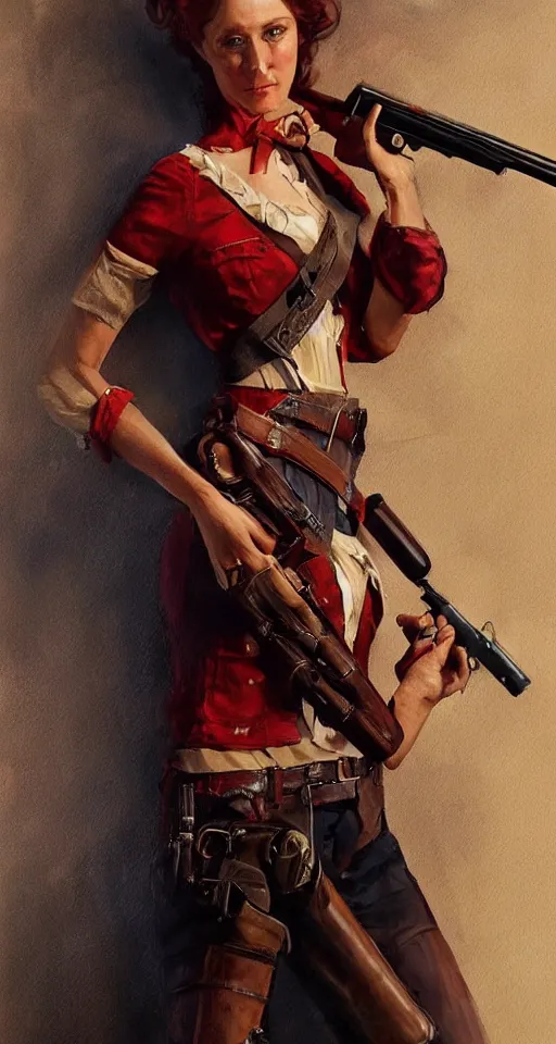 Image similar to a woman in a red wild west dress holding a shotgun, realistic painting by drew struzan, anatomically correct, beautiful, soft lighting, artstation