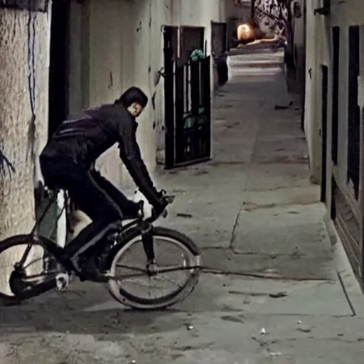 Image similar to cctv footage of jesuscrist stealing a bike in the middle of the night in an alley